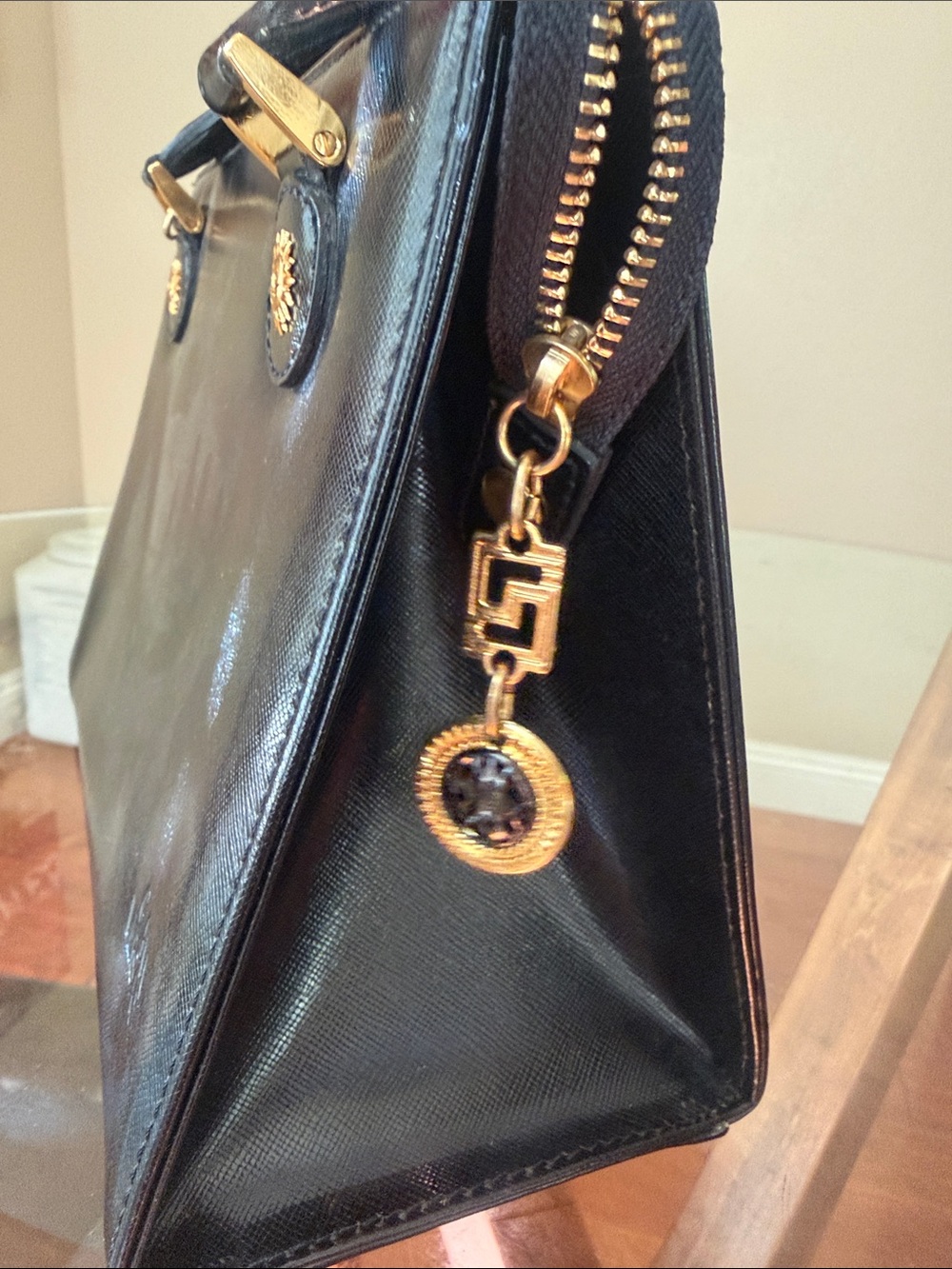 Versace Black Leather Satchel with Gold Medallion Hardware - Picture 2 of 5